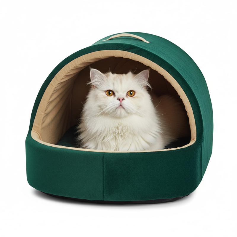 Emerald Velvet Covered Cat Cozy Cave Bed