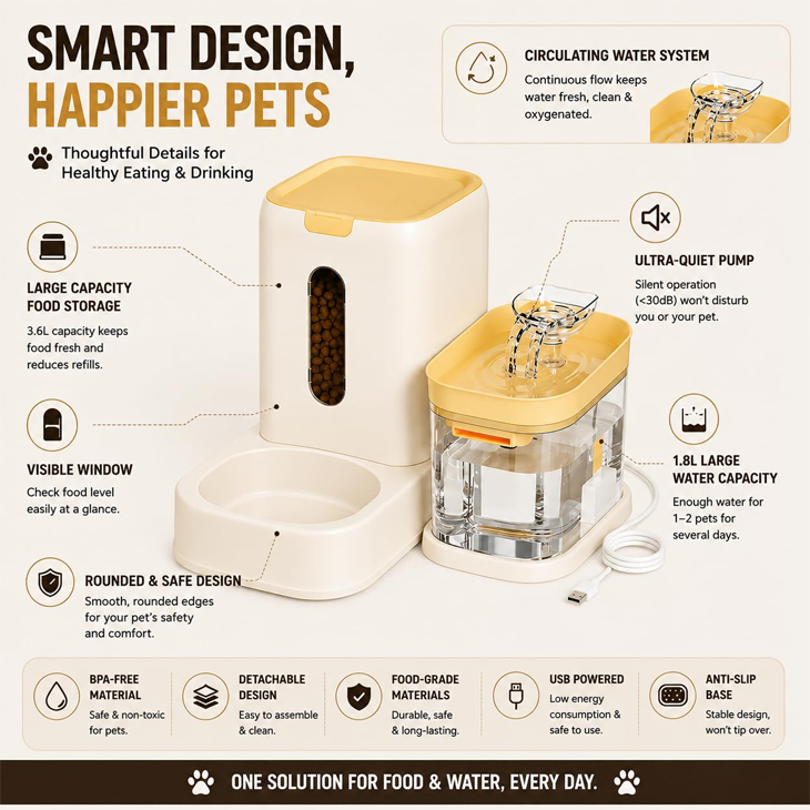 Food Feeder Set with USB Powered Water Fountain
